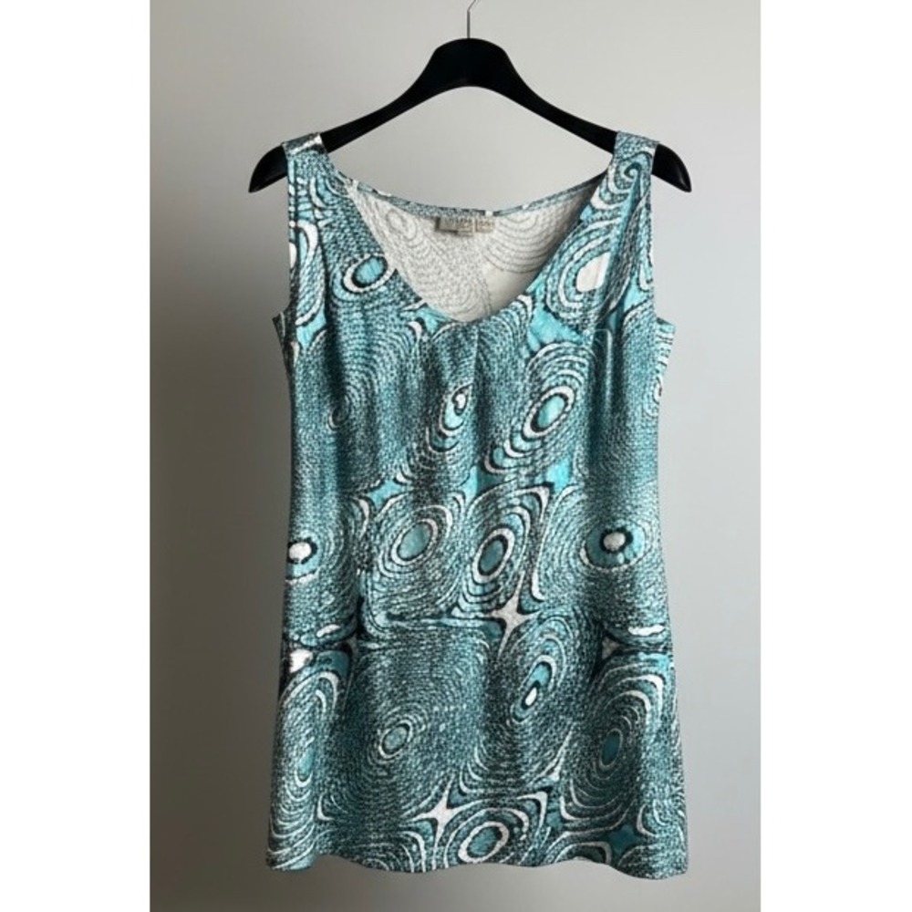 Bryn Walker Teal Abstract Swirl Print Sleeveless Tunic Top Sz Large Made in USA